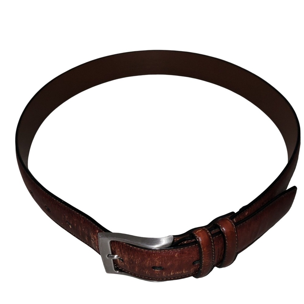 Perry Ellis Mens Brown Leather‎ Belt Silver Buckle Size 36 38 Classic Office